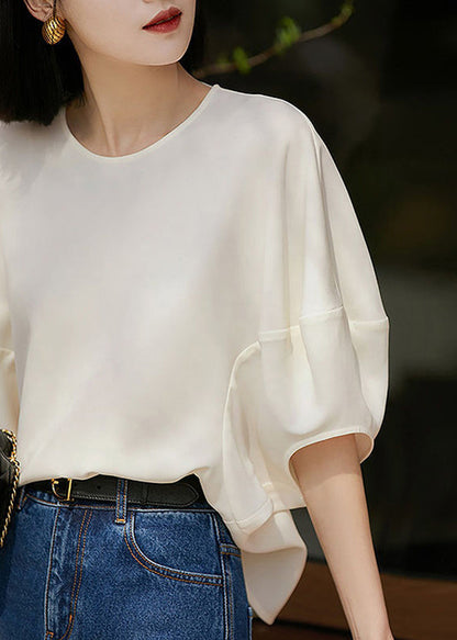 Loose White O Neck Zippered Silk T Shirts Batwing Sleeve