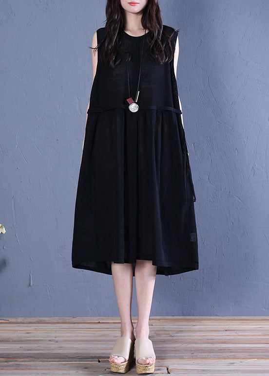French Black Wrinkled Patchwork Linen Holiday Dress Sleeveless