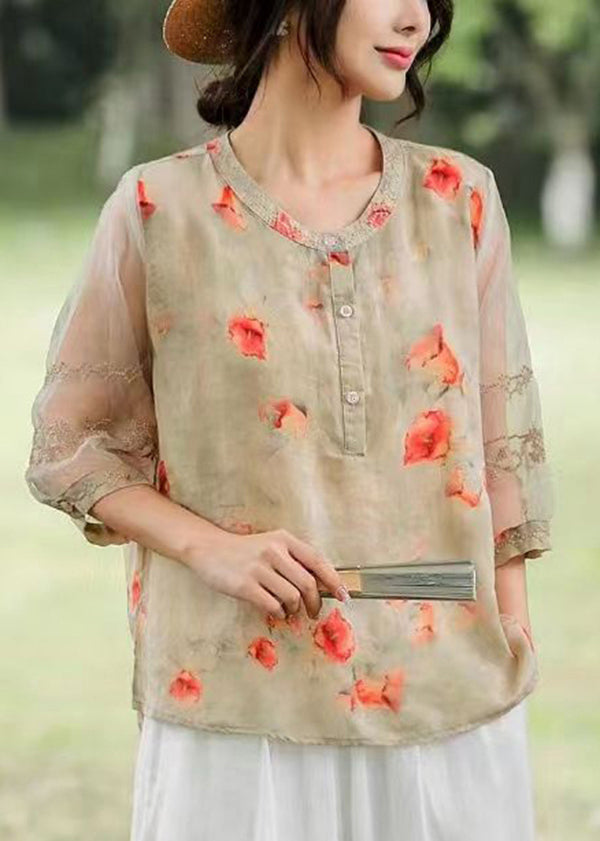 Orange Embroideried Print Linen Shirt Top Summer