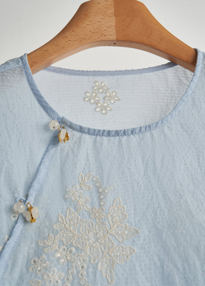 Sky Blue Embroidered Hollow Out Cotton Top Fall