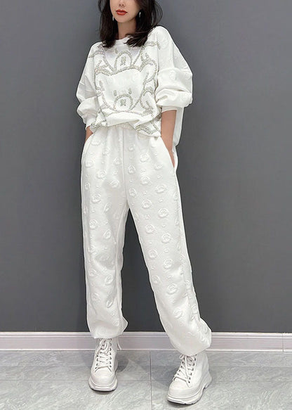 White Oversized Bear Jacquard Cotton Two Piece Set Fall