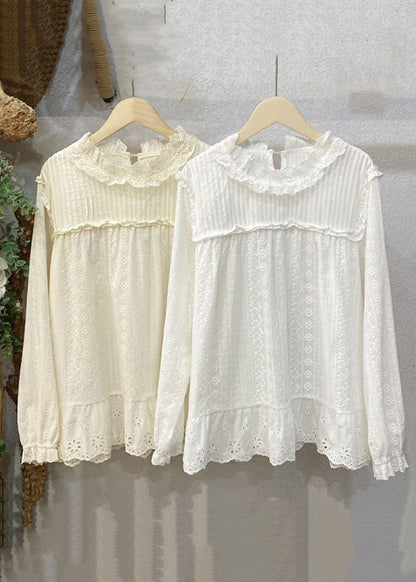 White Hollow Out Lace Patchwork Cotton Top Long Sleeve