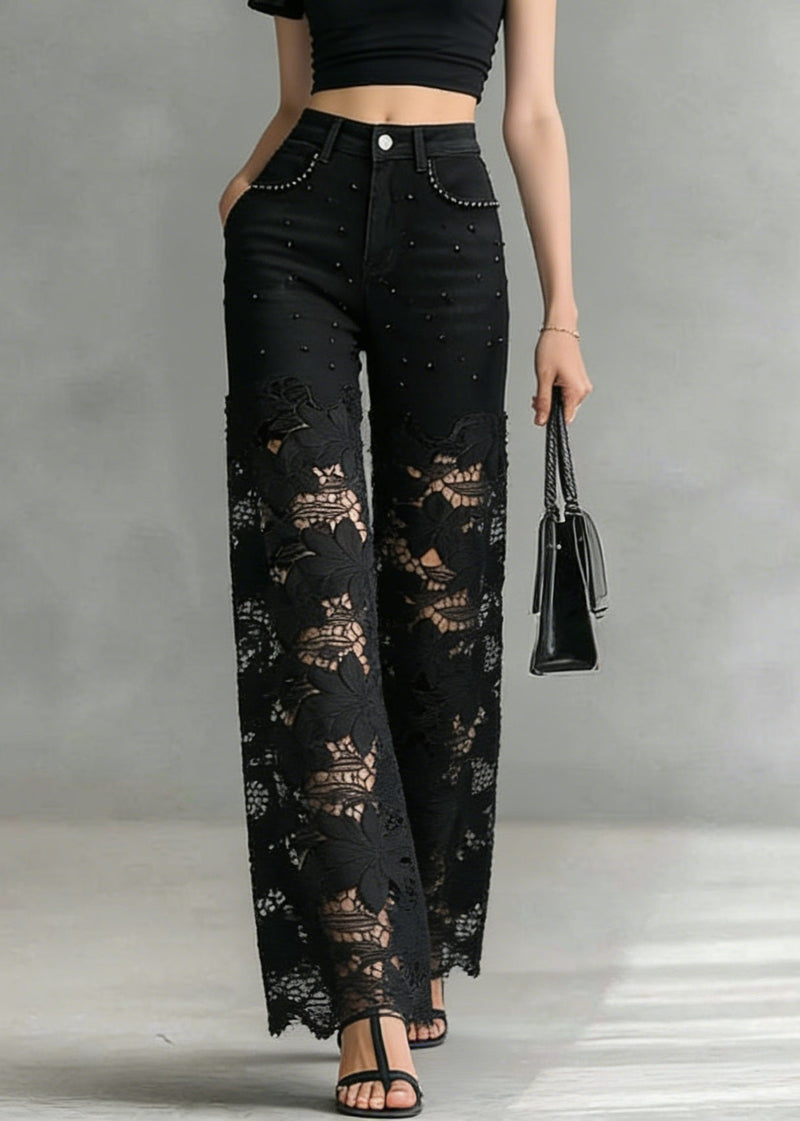 Black Lace Hollow Out Nail Bead Denim Pants Summer
