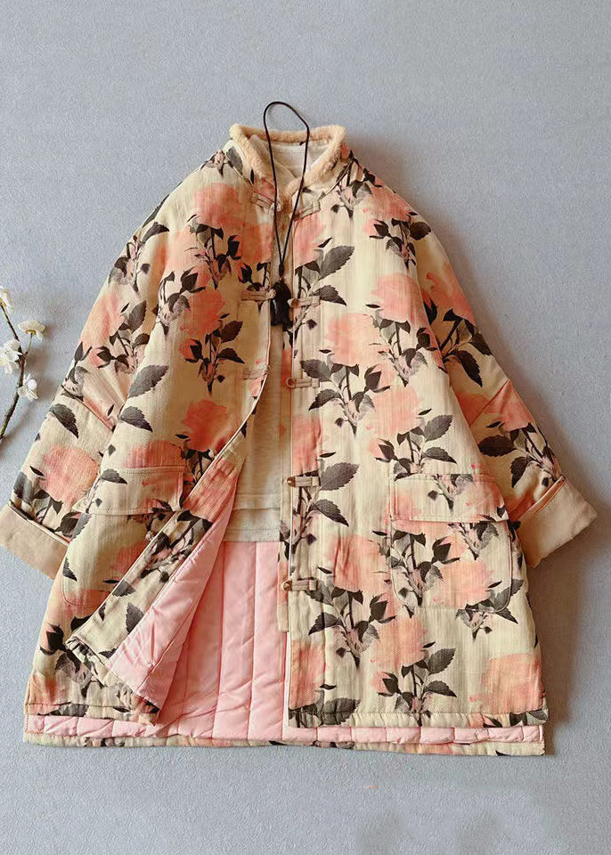 Black Print Pockets Fur Collar Patchwork Fine Cotton Filled Coat Winter