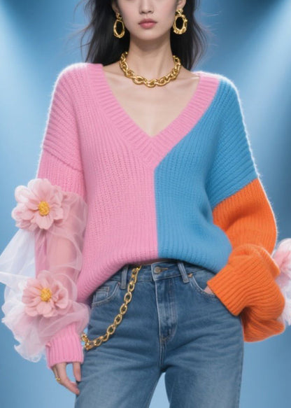 Colorblock V Neck Tulle Patchwork Knit Sweater Fall