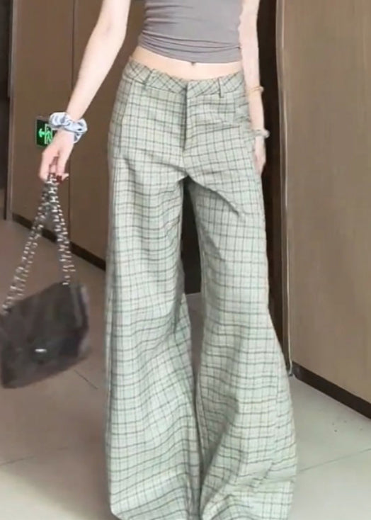 Plaid High Waist Cotton Wide Leg Pants Fall
