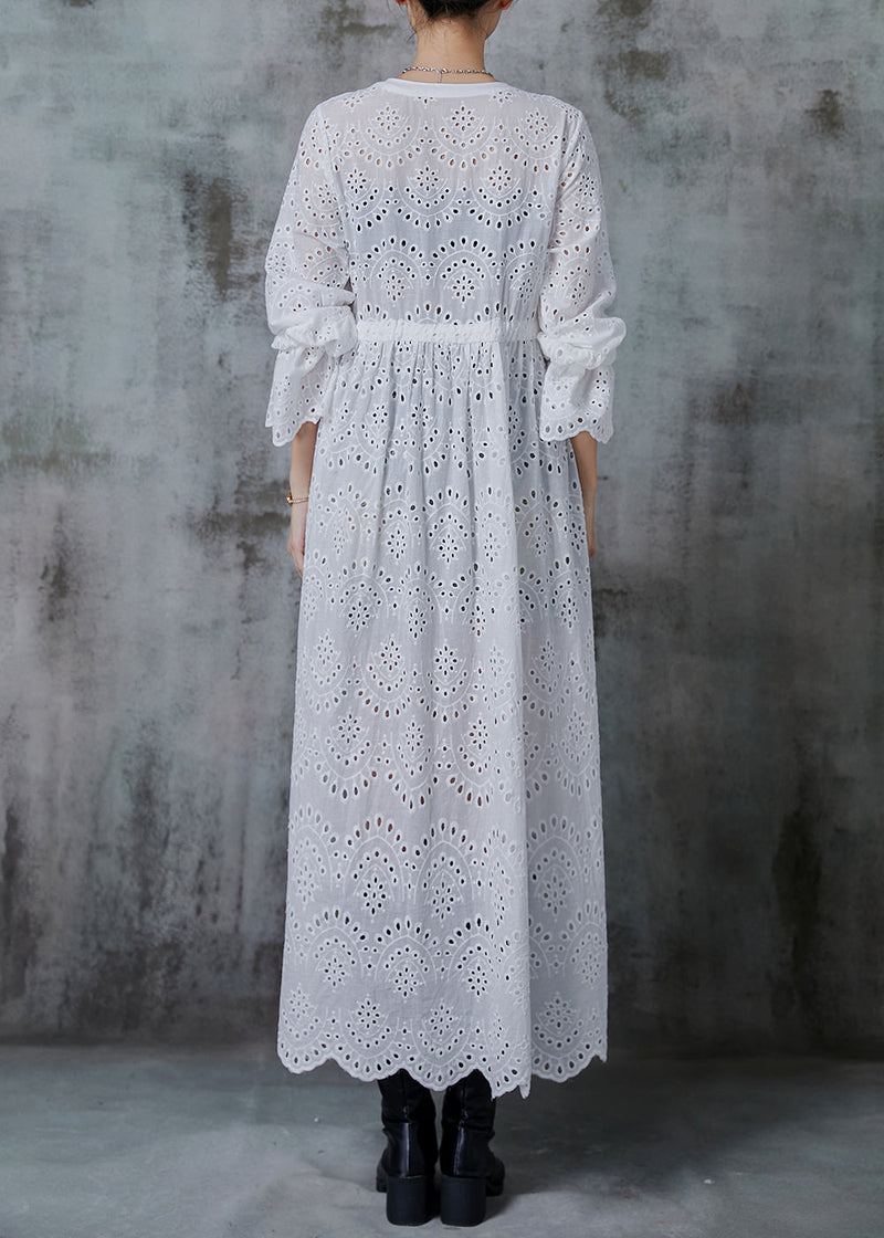 White Cinched Hollow Out Cotton Long Cardigans Fall