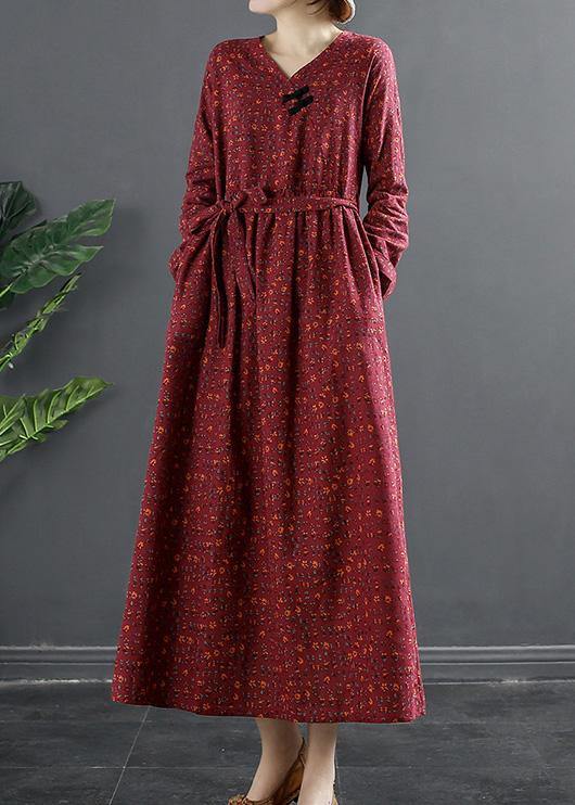 V Neck Quilting Dresses Shape Red Print Long Dress