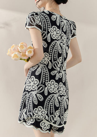 Black Embroidered Side Open Top and Shorts Two Piece Set Summer