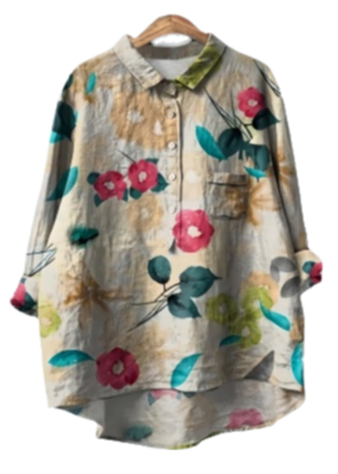 Beige Oversized Print Cotton Shirt Top Spring