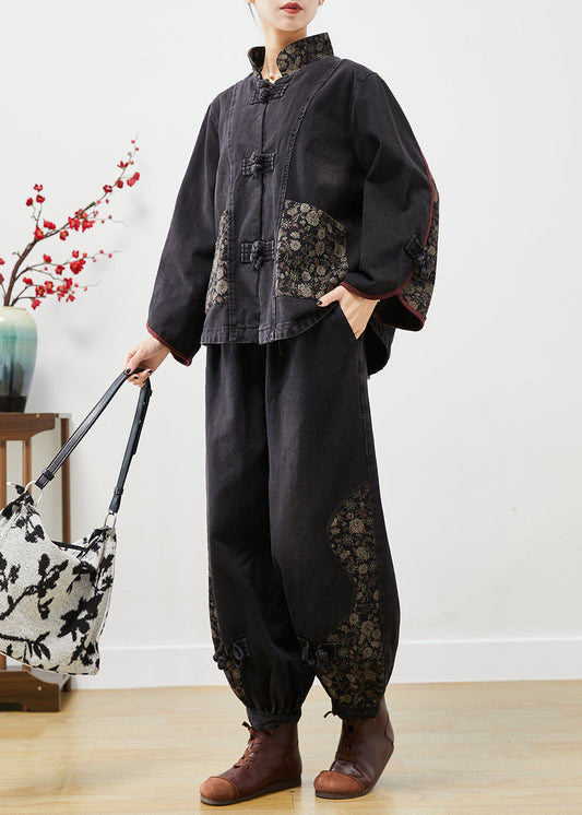 Black Stand Collar Patchwork Print Denim 2 Piece Outfit Fall