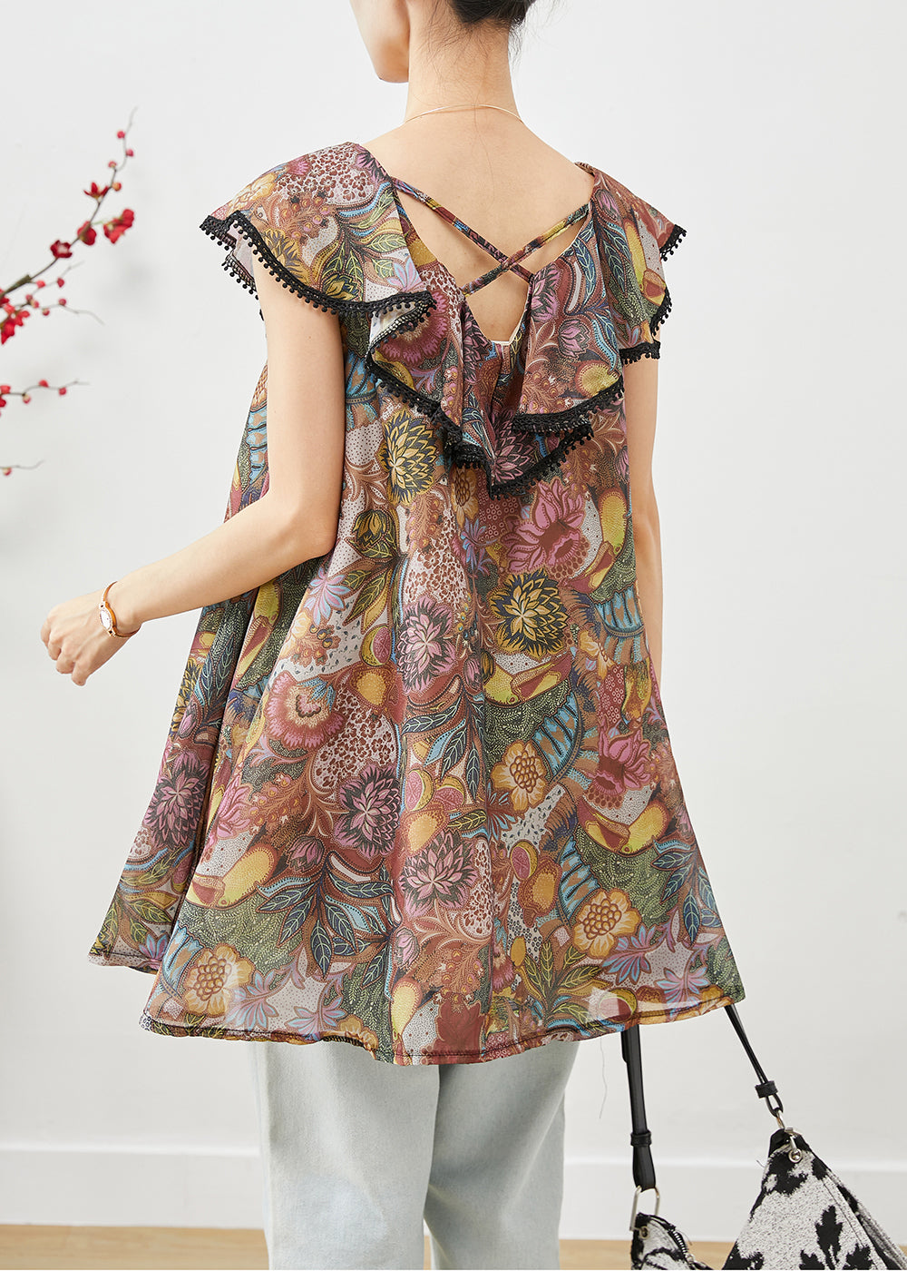 Brown Ruffled Print Cotton Blouses Summer
