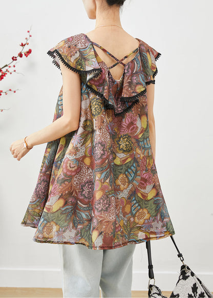 Brown Ruffled Print Cotton Blouses Summer