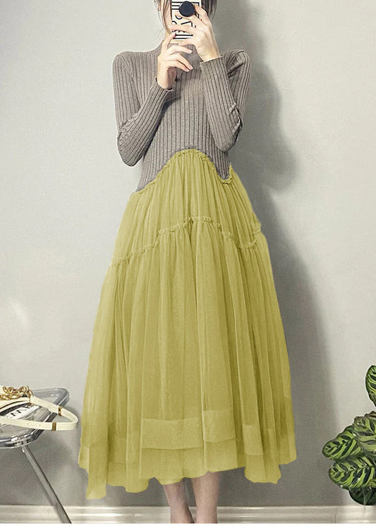 Yellow Asymmetrical Tulle Patchwork Long Dresses Fall