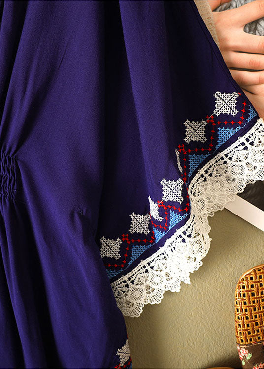 Classy Blue O-neck Embroideried Wrinkled Linen Shirt Tops Batwing Sleeve