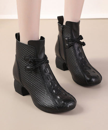 Brown Crocodile Pattern Boots Chunky Cowhide Leather Boots