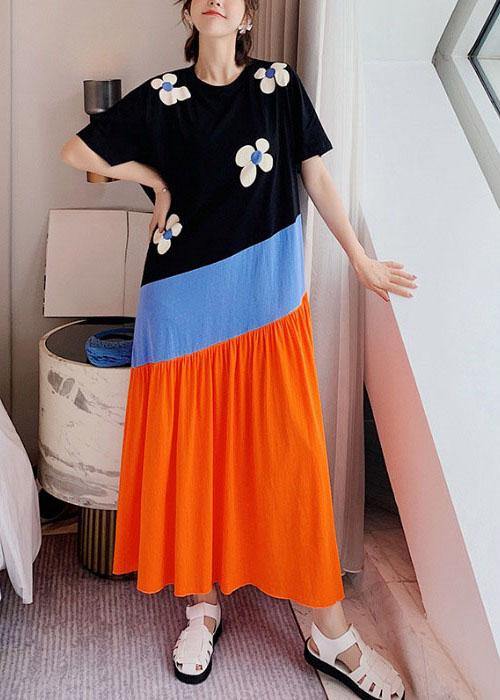 Simple Black Patchwork Print Summer Holiday Dress Short Sleeve