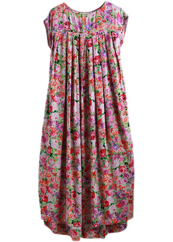 O-neck Wrinkled Print Long Dress Short Sleeve