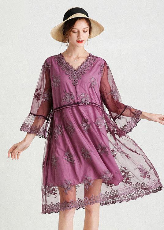 Fine Purple Tulle Embroideried Patchwork Spring Flare Sleeve Dress