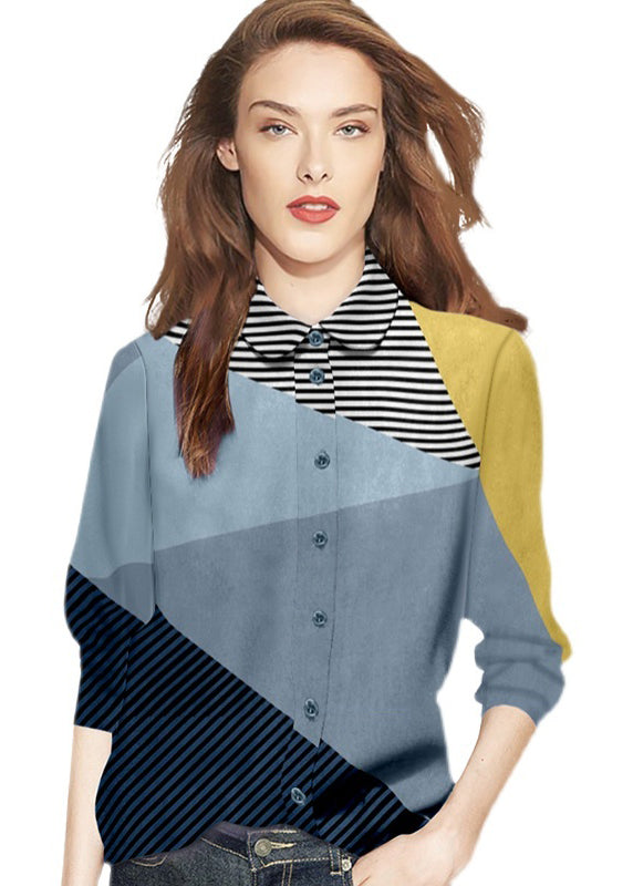 Diy Colorblock Peter Pan Collar Patchwork Striped Cotton Top Spring