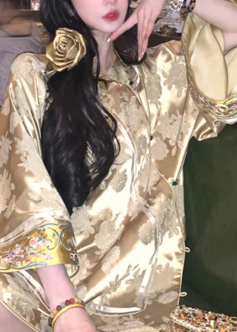 Jacquard Yellow V Neck Embroidered Button Silk Coats Spring