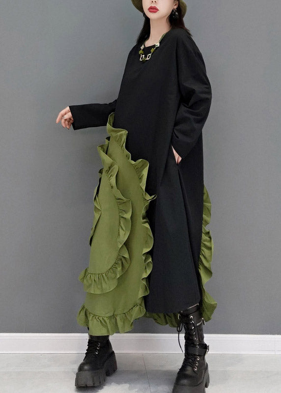 Green O-neck Ruffles Patchwork Long Dresses Long Sleeve