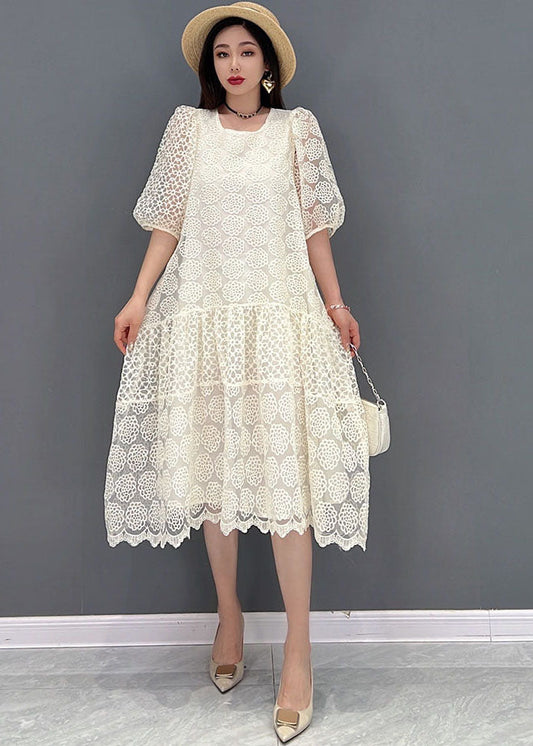 Boutique White O-neck Patchwork Lace Long Dress Half Sleeve