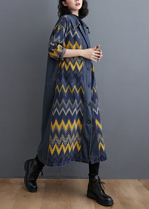 Blue Peter Pan Collar Print Button Denim Long Trench Coat Fall