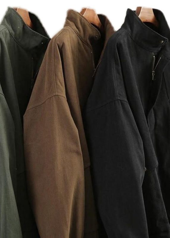 Green Peter Pan Collar Zippered Pockets Trench Coats Cotton Long Sleeve