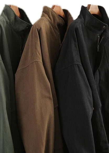 Green Peter Pan Collar Zippered Pockets Trench Coats Cotton Long Sleeve