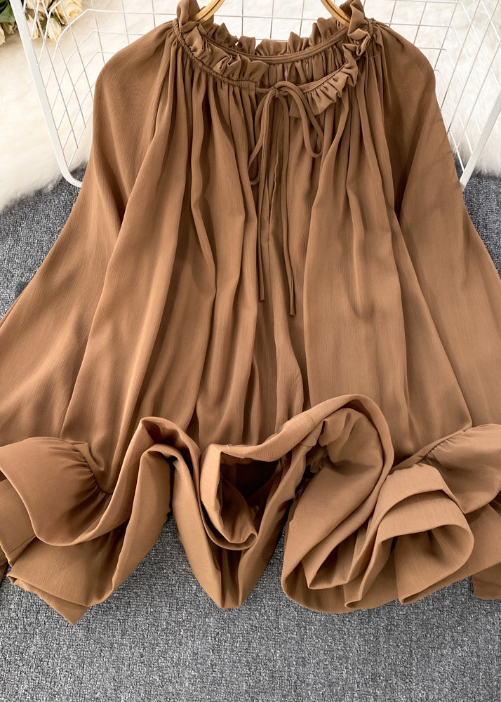 Brown Ruffled Patchwork Chiffon Maxi Skirt Spring