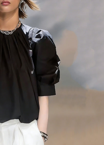 Natural Black O-neck Patchwork Tops Summer
