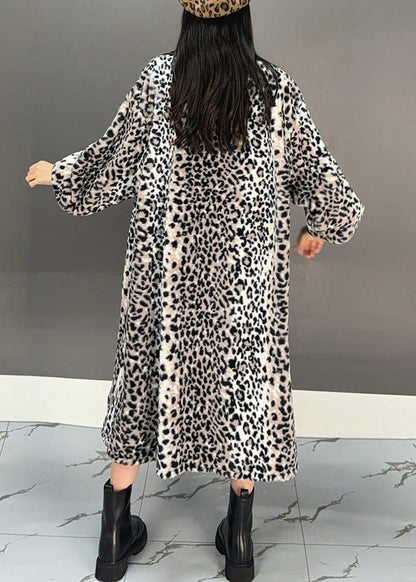 Dark Grey Leopard Patchwork Pockets Long Trench Coat Spring