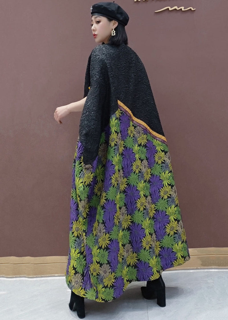 Black Green O-neck Patchwork Daisy Wrinkled Holiday Dress Short Sleeve
