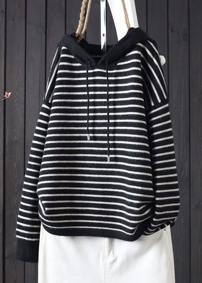 Apricot Striped Patchwork Drawstring Hooded Knitted Cotton Thread Sweaters Fall