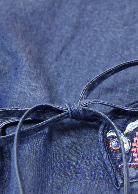 Blue Embroideried Asymmetrical Design Tie Waist Cotton Denim Dresses Bracelet Sleeve