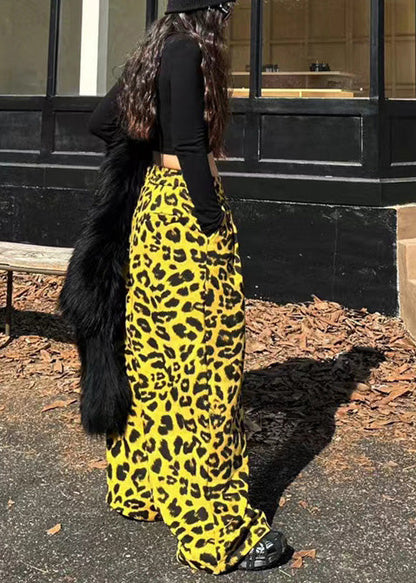 Yellow Oversized Leopard Print Warm Fleece Pants Spring