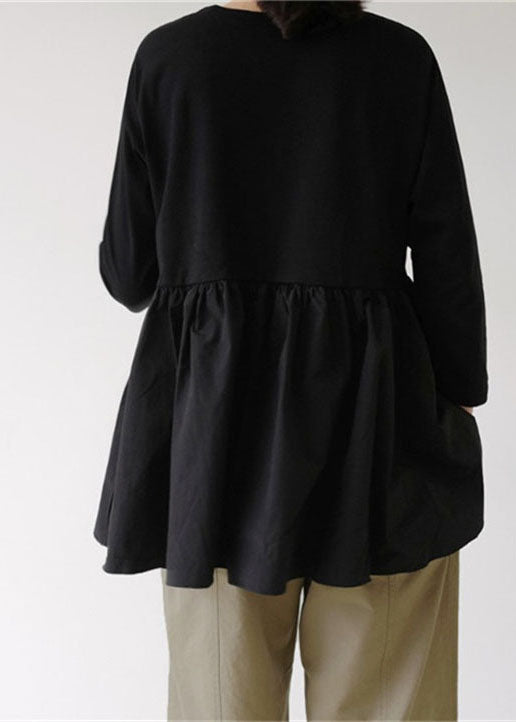 Modern Black O-neck Ruffled Patchwork Cotton T Shirt Top Spring