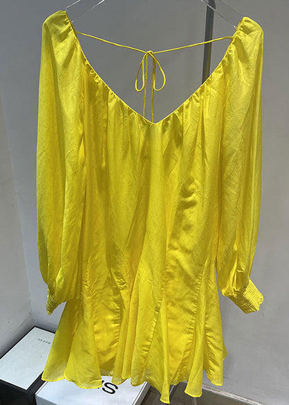French Yellow V Neck Cotton Mid Dress Fall
