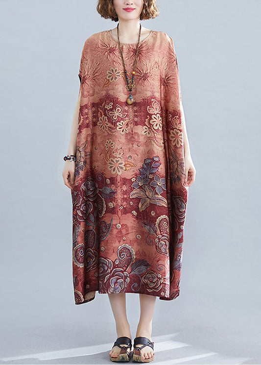 Red Print Draping Silk Loose Dresses O-neck Short Sleeve