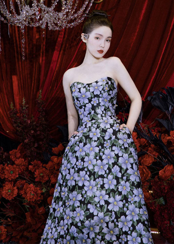 Blue Bustier Top Print Long Dress Summer