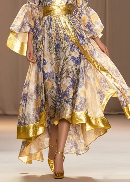 Lavender Print Exra Large Hem Chiffon Tunic Dress Flare Sleeve