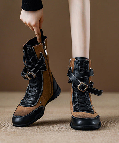 Khaki Lace Up Wedge Suede Splicing Boots