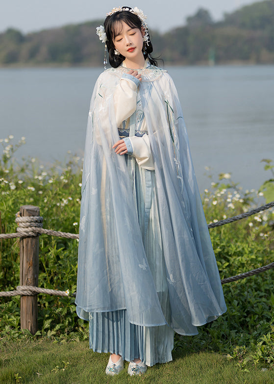 Chinese Style Beige Embroideried Tops and Blue Pleated Skirt Chiffon Two Pieces Set Fall