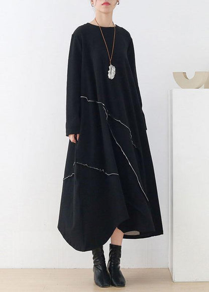 Natural Black O-neck Patchwork Fall Knit Dress Long Sleeve