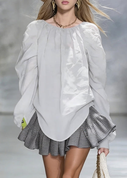 New Grey Wrinkled Cotton Shirt Tops Spring