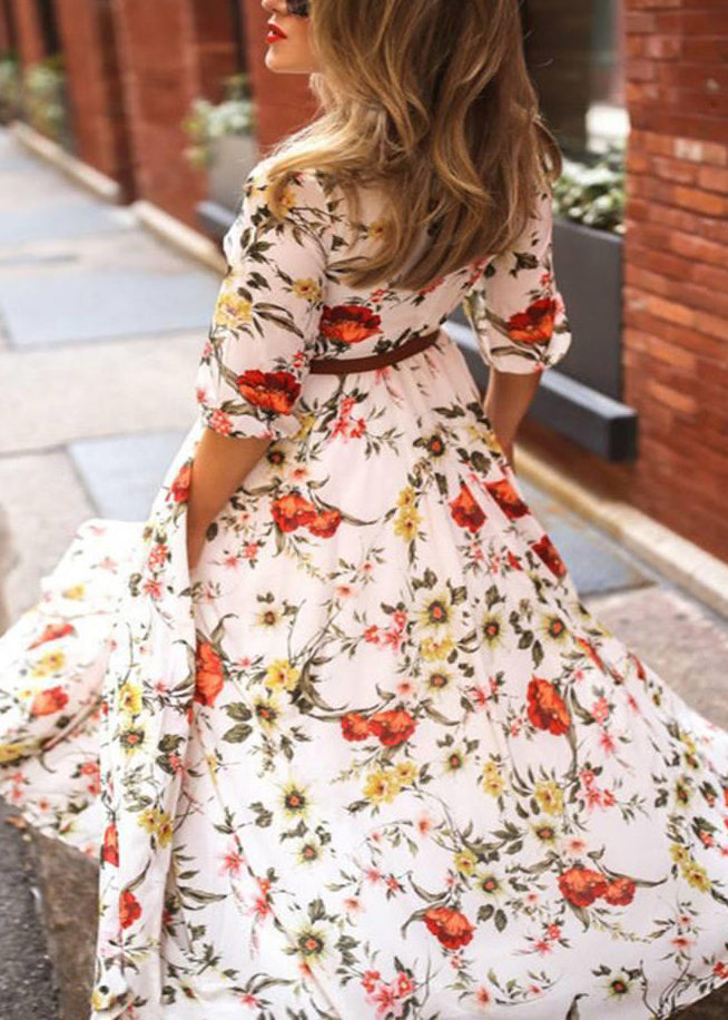 French Blue O-neck Print Chiffon Long Dresses Half Sleeve