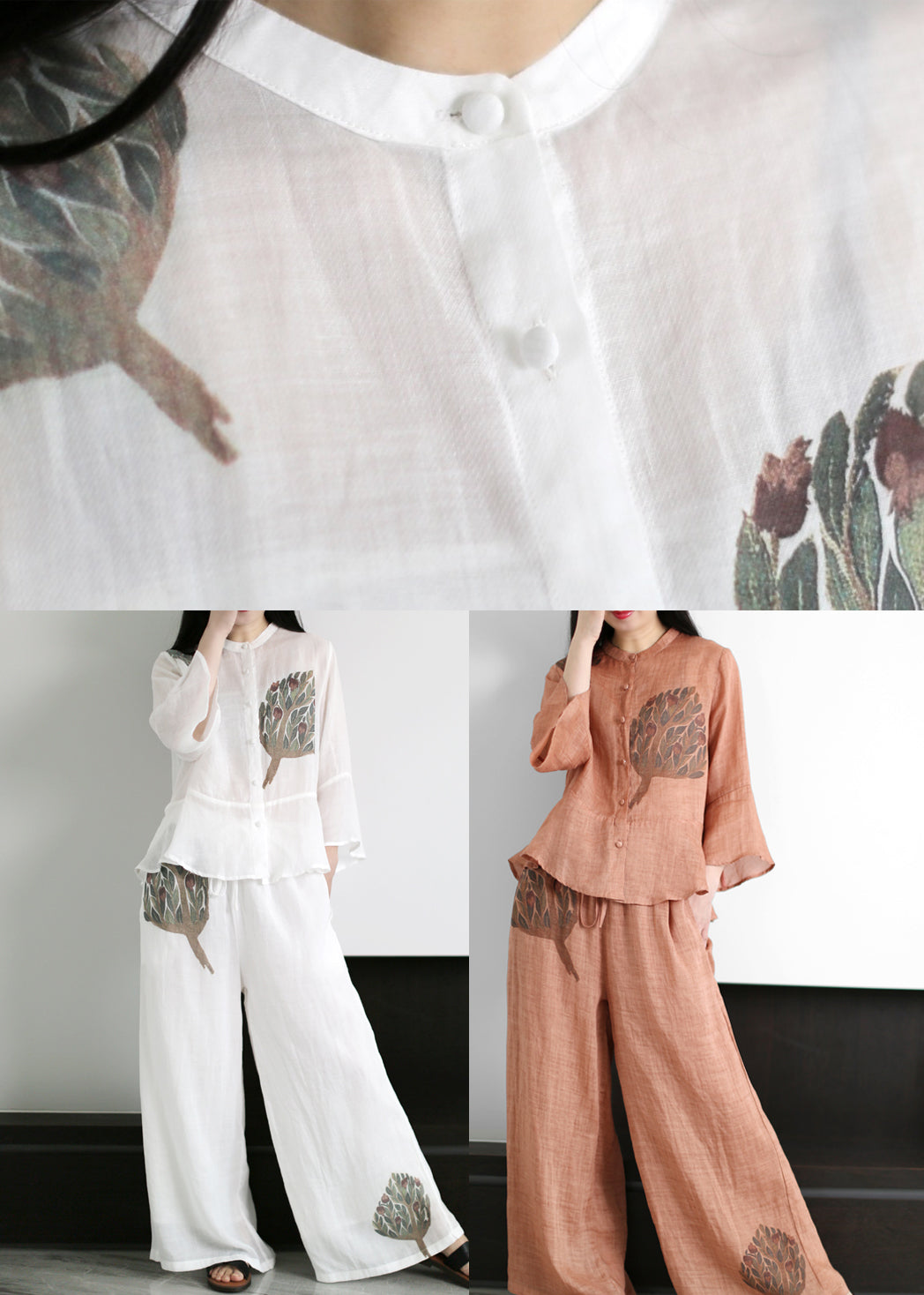 Loose White Stand Collar Patchwork Linen Two Pieces Set Flare Sleeve