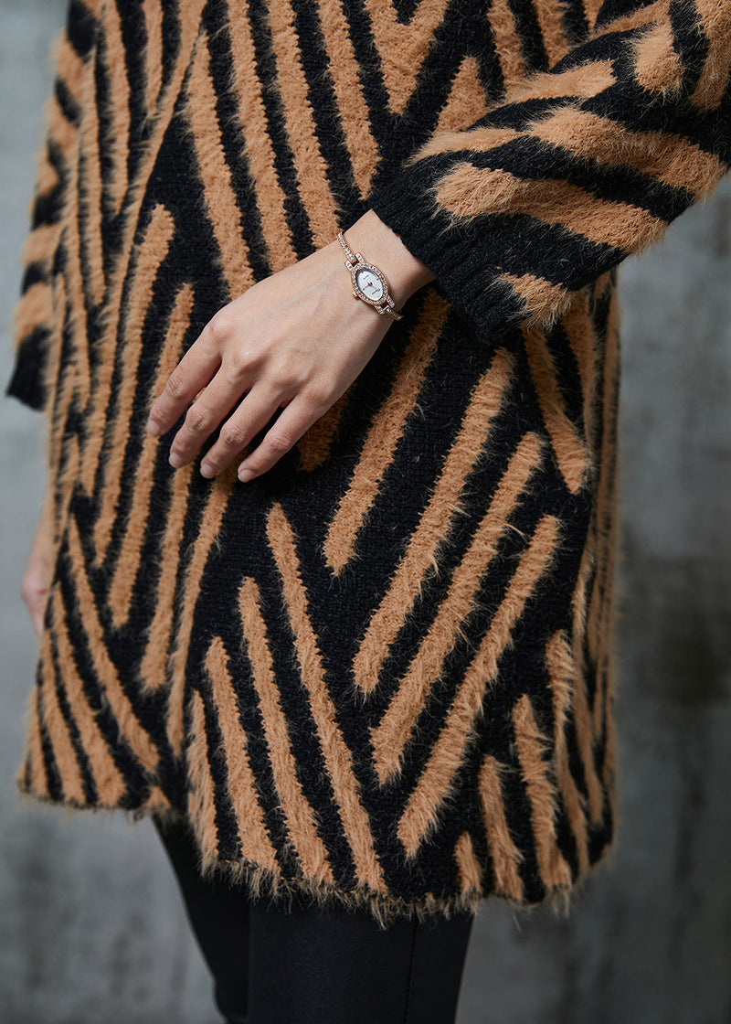 Khaki Turtle Neck Striped Knit Long Sweater Winter