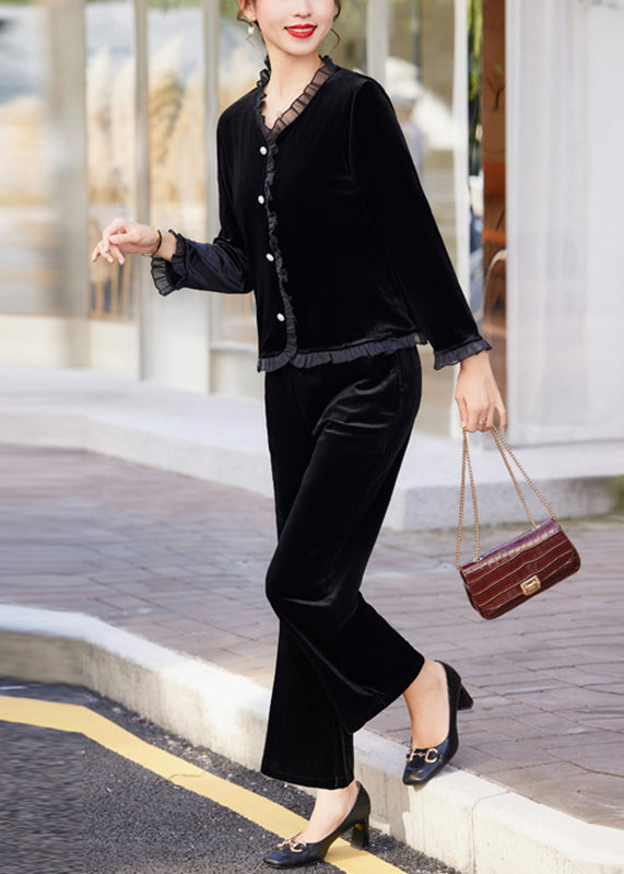 Modern Black Ruffled Patchwork Silk Velour Shirts and Pants Two Piece Set Long Sleeve